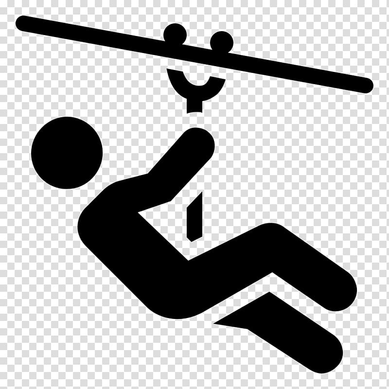 Silhouette of a person ziplining, suspended from a cable with a harness and pulley system.