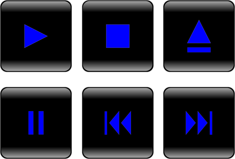 Six glossy black media control buttons with blue icons: play, stop, record, pause, rewind, and fast forward.
