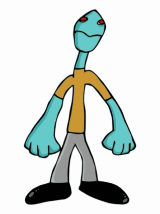 A cartoon-style teal alien with red eyes, wearing a yellow shirt and gray pants, standing upright with arms outstretched.