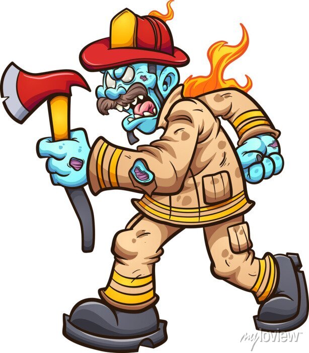 Cartoon zombie firefighter with blue skin, axe, and flames, wearing fire gear and red helmet.