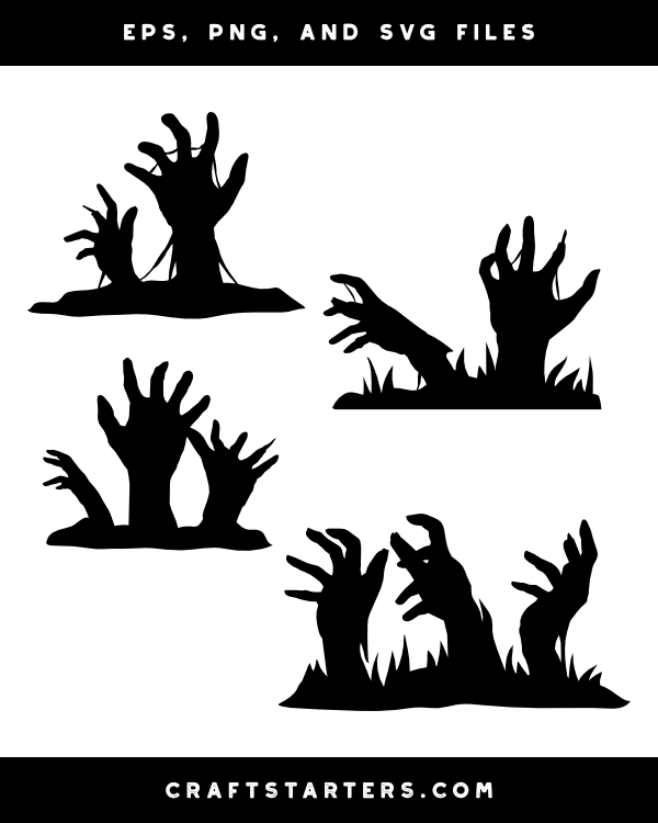 Black silhouette illustrations of zombie hands emerging from the ground, in various poses and groupings.