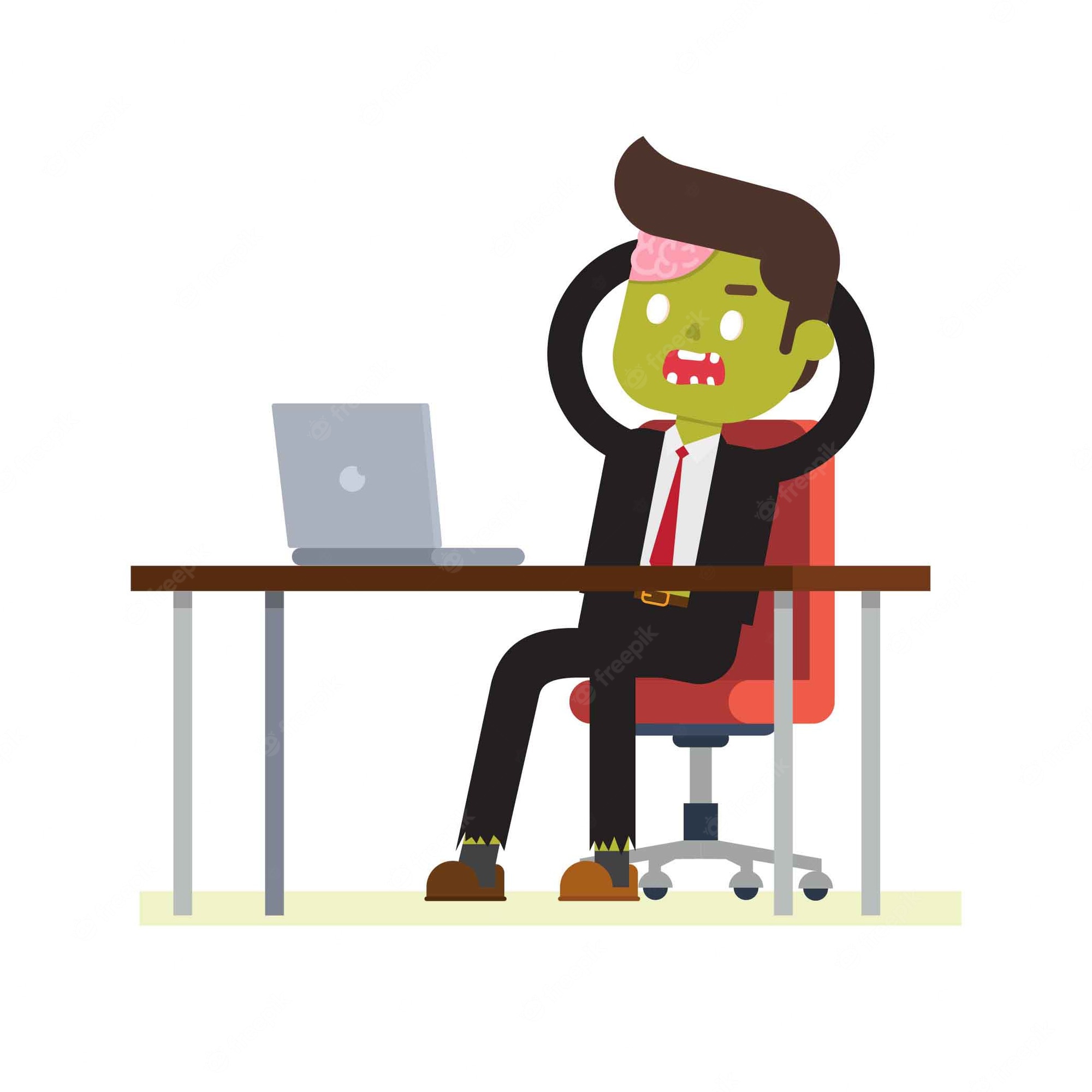 Zombie businessman in suit sitting at desk with laptop, hands on head, brain exposed, looking stressed.
