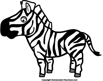 Black-and-white cartoon zebra with bold stripes, standing profile view, simple line art style.