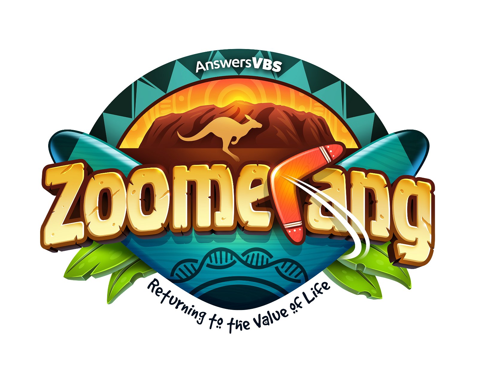 Zoomerang logo featuring a kangaroo, boomerang, DNA helix, and tropical leaves with "Answers VBS" branding.