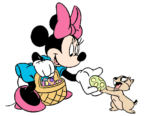 Minnie Mouse in a blue dress and pink bow hands a green Easter egg to a happy chipmunk, with a basket of colorful eggs beside her.