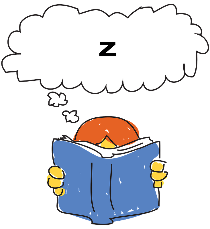 A cartoon character with orange hair falls asleep while reading a blue book, indicated by a thought bubble with a "Z".
