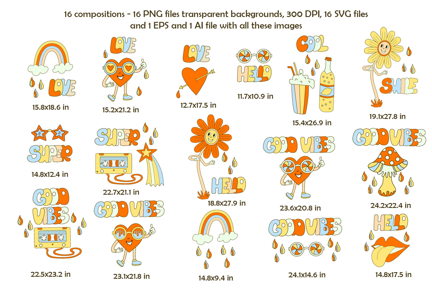 Good Vibes Retro 70s Clipart on Yellow Images Creative Store - 113958