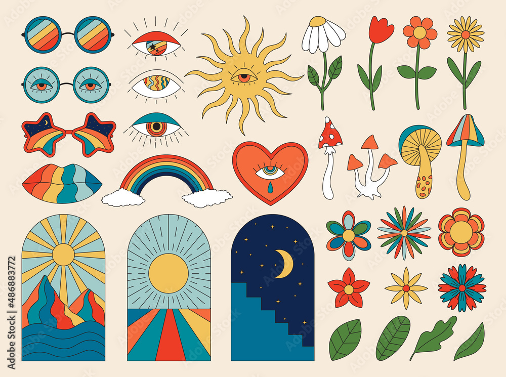 Poster, Wandbilder Vector set of 70s psychedelic clipart, 40x30 cm