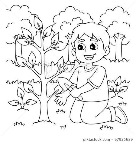 Boy Planting Trees Coloring Page for Kids - Stock Illustration ...