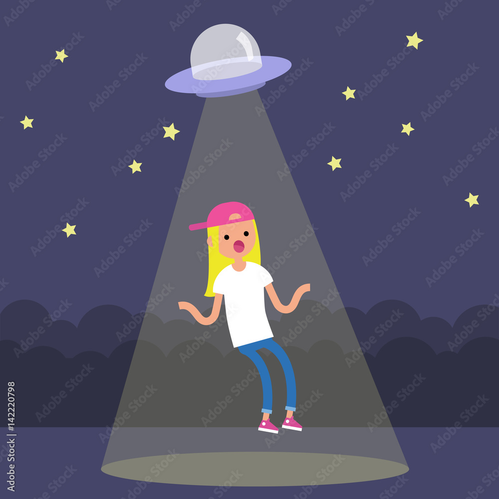 Young surprised blond girl abducted by the UFO spaceship / flat ...