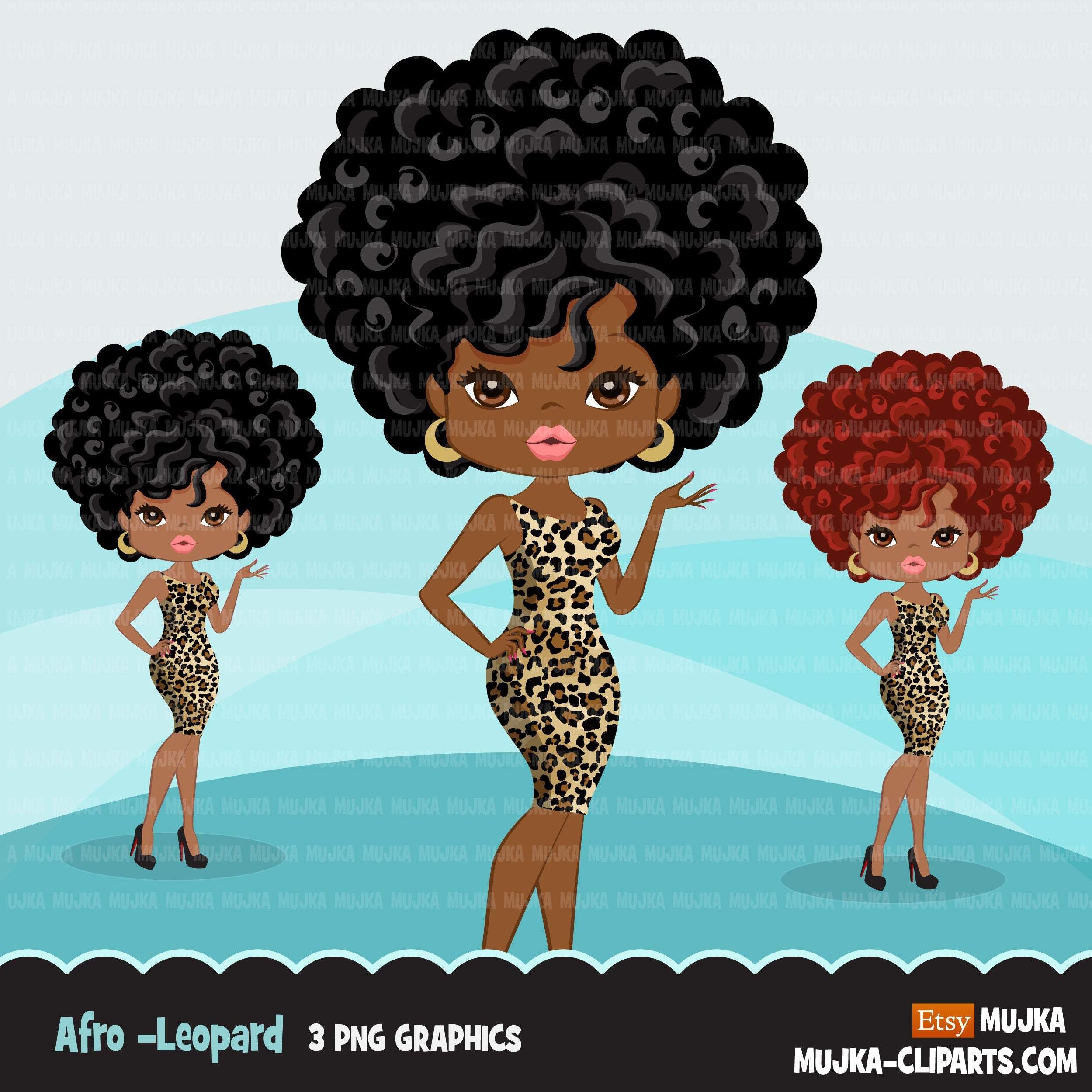 Afro black woman clipart with leopard print African-American ...