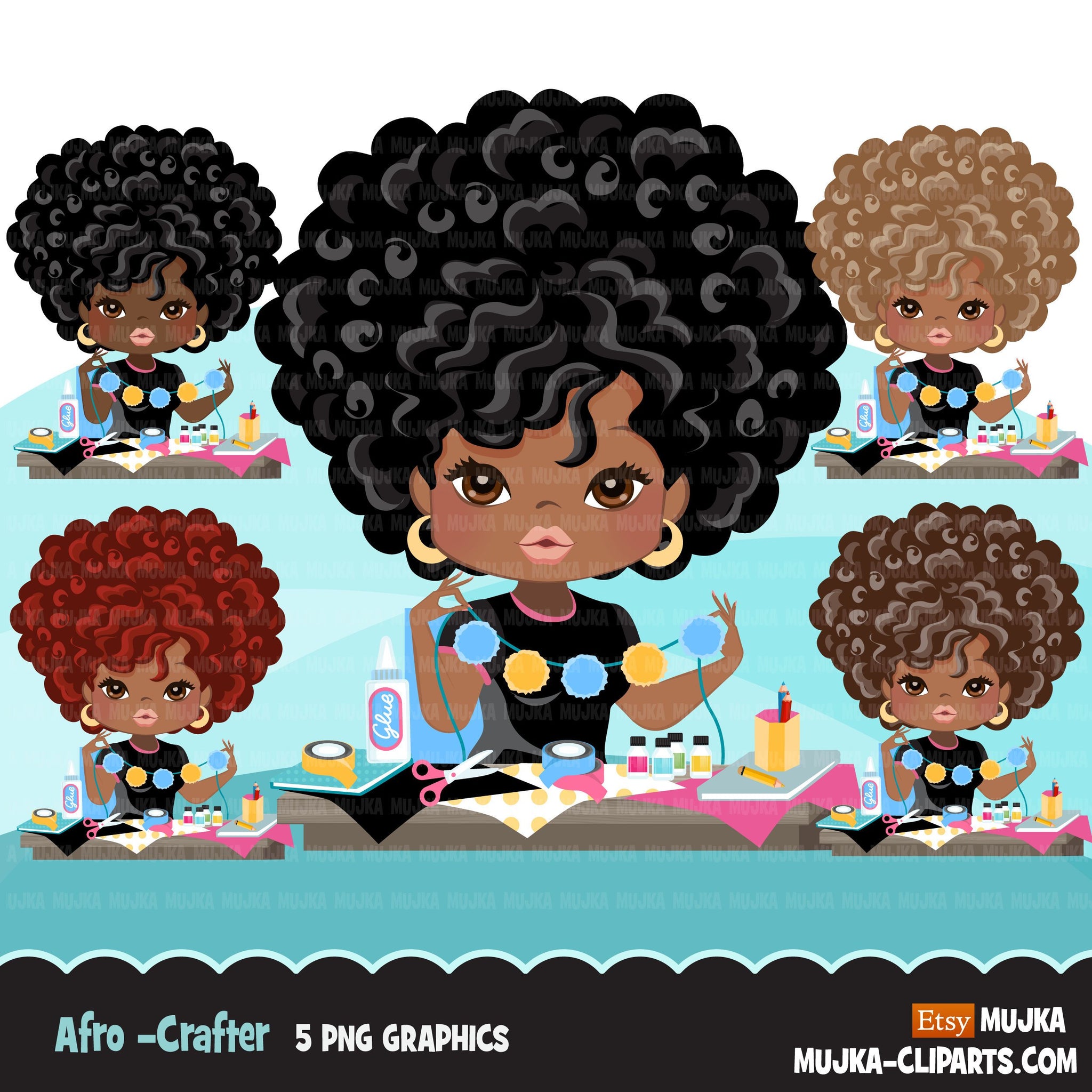 Afro black woman crafter avatar clipart with scrapbooking graphics ...