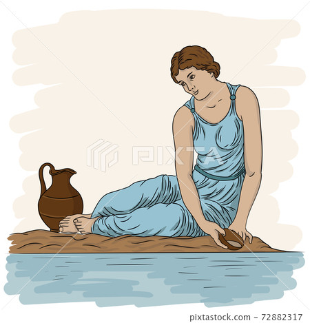 A young ancient Greek woman sits on the bank of... - Stock ...