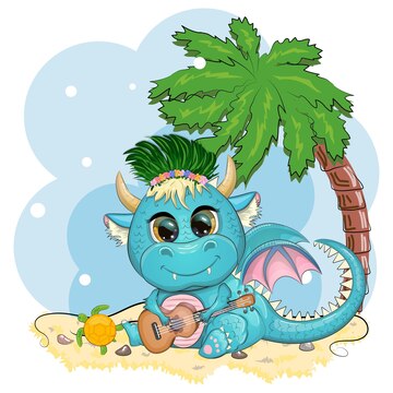 Premium Vector | Cute cartoon green baby dragon with ukulele on ...
