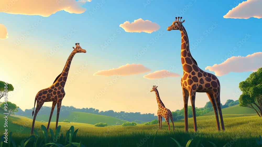 Poster, Wandbilder Three animated giraffes standing in a lush green  landscape under a vibrant sky, embodying wildlife and natural beauty,  40x22.2 cm