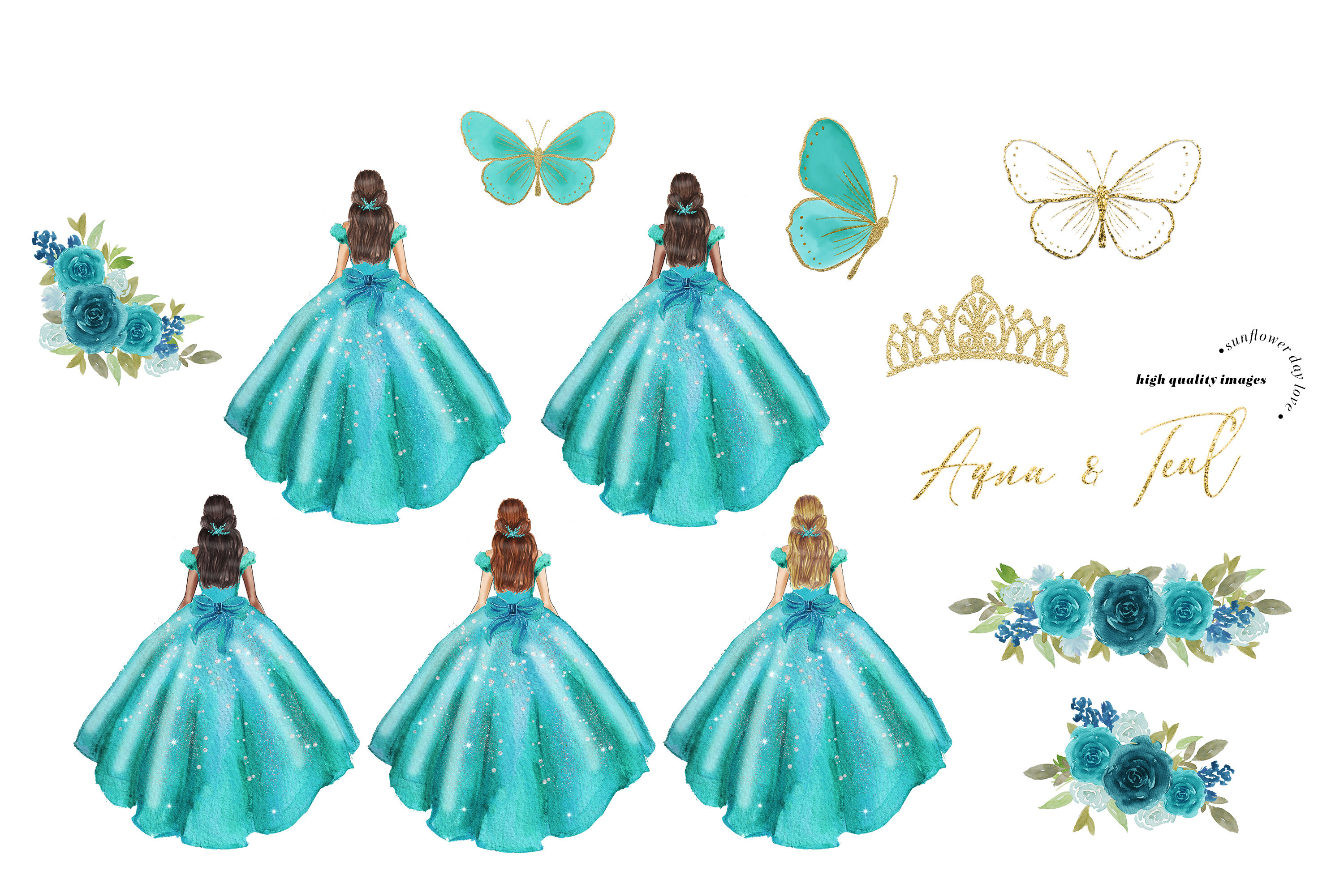 Aqua &amp; Teal Princess Dresses Clipart, Butterfly Quinceanera By ...