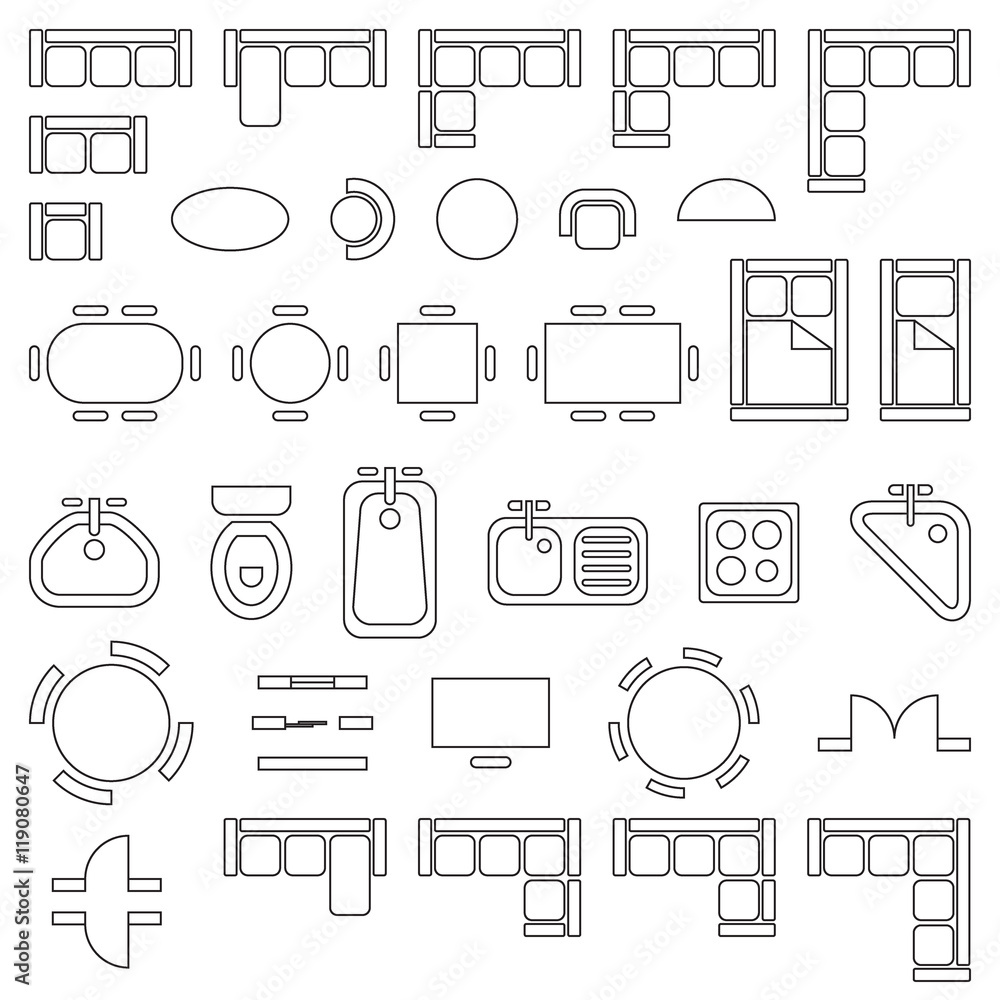 Standard furniture symbols used in architecture plans icons set ...