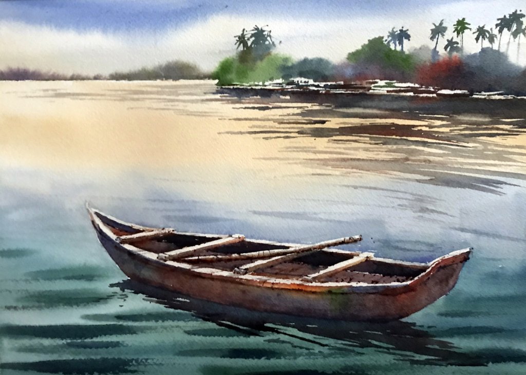 Artery8 Fishing Boat in Tranquil Lake at Sunrise Oil Painting Orange Blue  Red Abstract Seascape Large Wall Art Poster Print Thick Paper 18 x 24  Inches ...