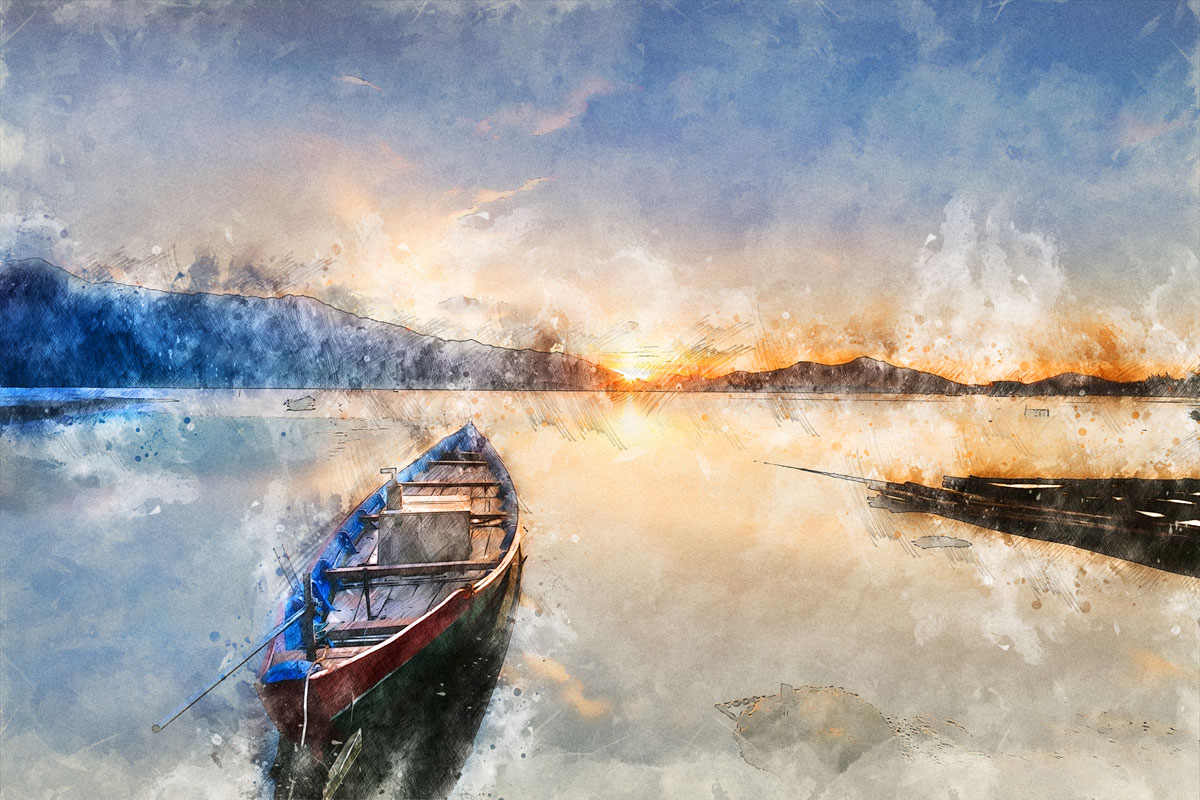 Photorealistic Boat Art, Solo Boat in Calm Waters, Fishing Boat ...