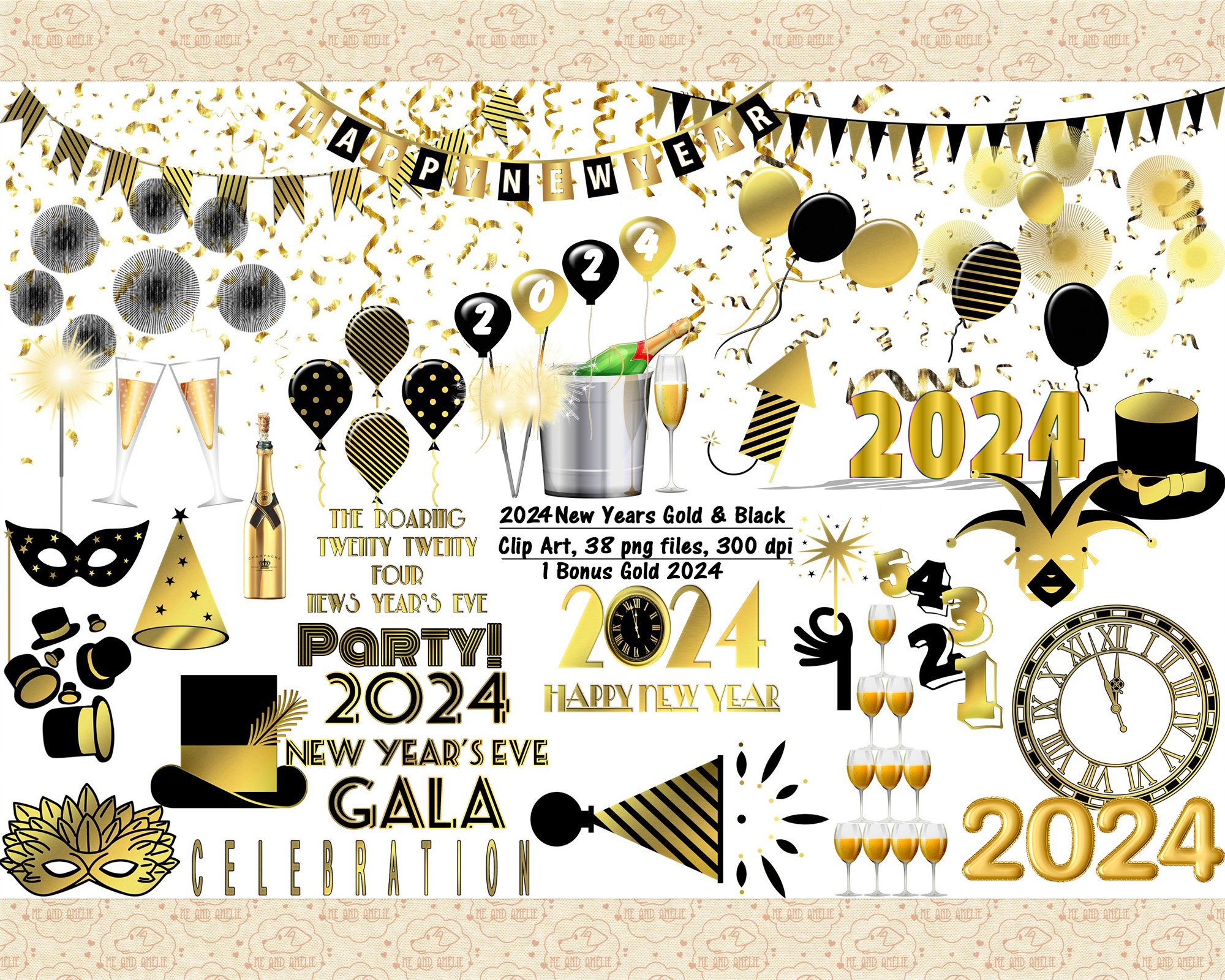 New Year 2024 Black and Gold Clip Art