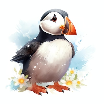Cute Atlantic puffin with its adorable appearance bird watercolor ...