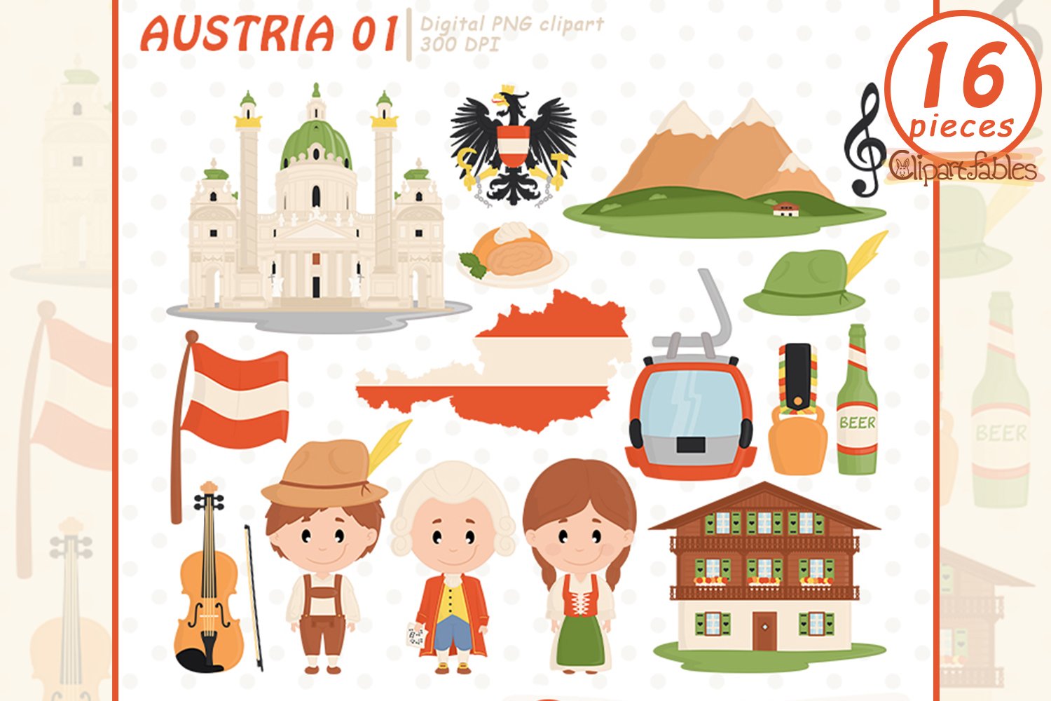 AUSTRIA clipart, Europe clipart, Vienna, Mozart illustration