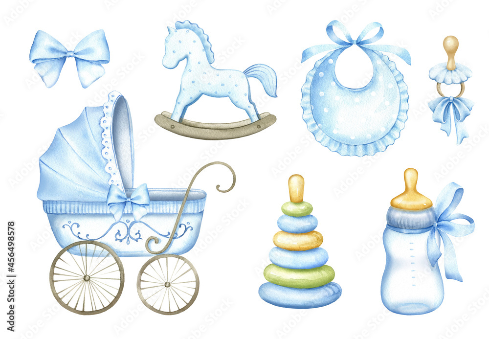 Stock-Illustration „Newborn Baby boy clipart set.Accessories for a ...