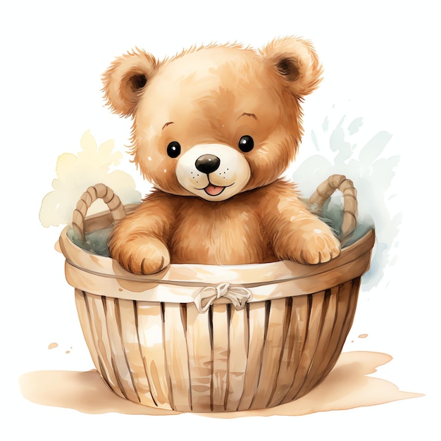 Cute watercolor baby bear in basket illustration teddy bears ...
