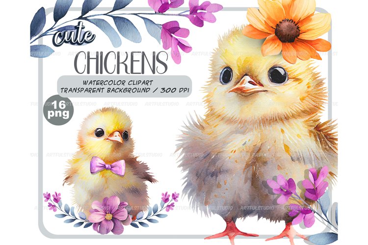 Watercolor cute baby chickens clipart - chicks with flowers