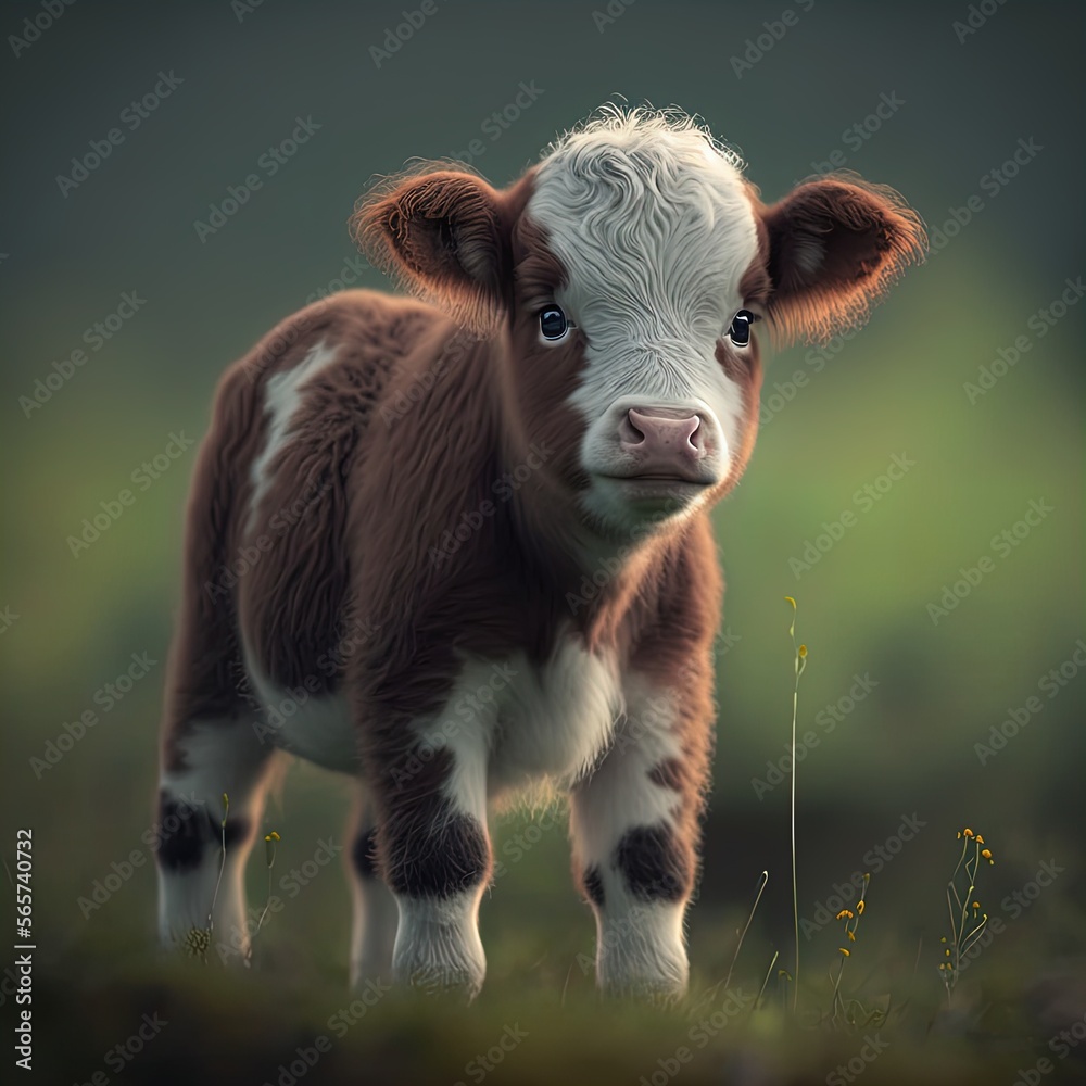 Cute baby cow on blurred natural background. Adorable calf on farm ...