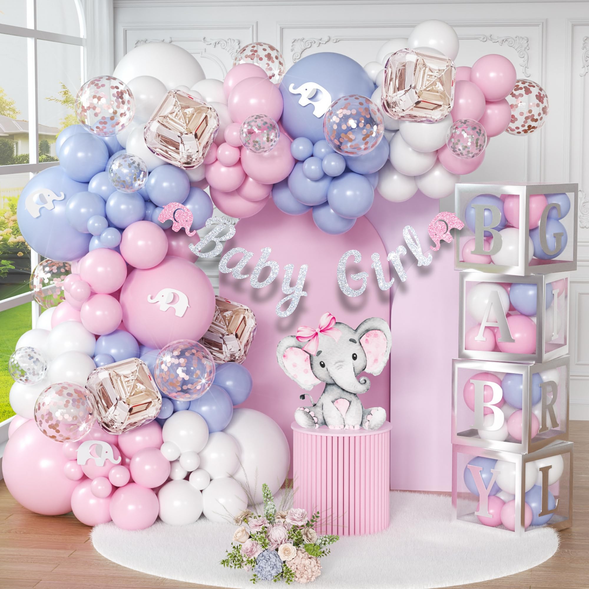 Pack of 165 Baby Shower Decorations for Girls, Birthday Girls, Balloon  Garland Bow, Banner and Balloons Boxes, Elephant Baby Shower and Birthday  ...