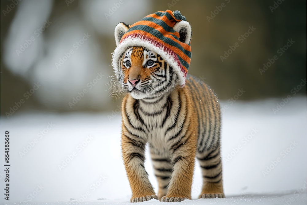 Poster, Wandbilder adorable cute baby tiger cub wearing Christmas hat and  scarf, full body, side vi, 40x26.7 cm
