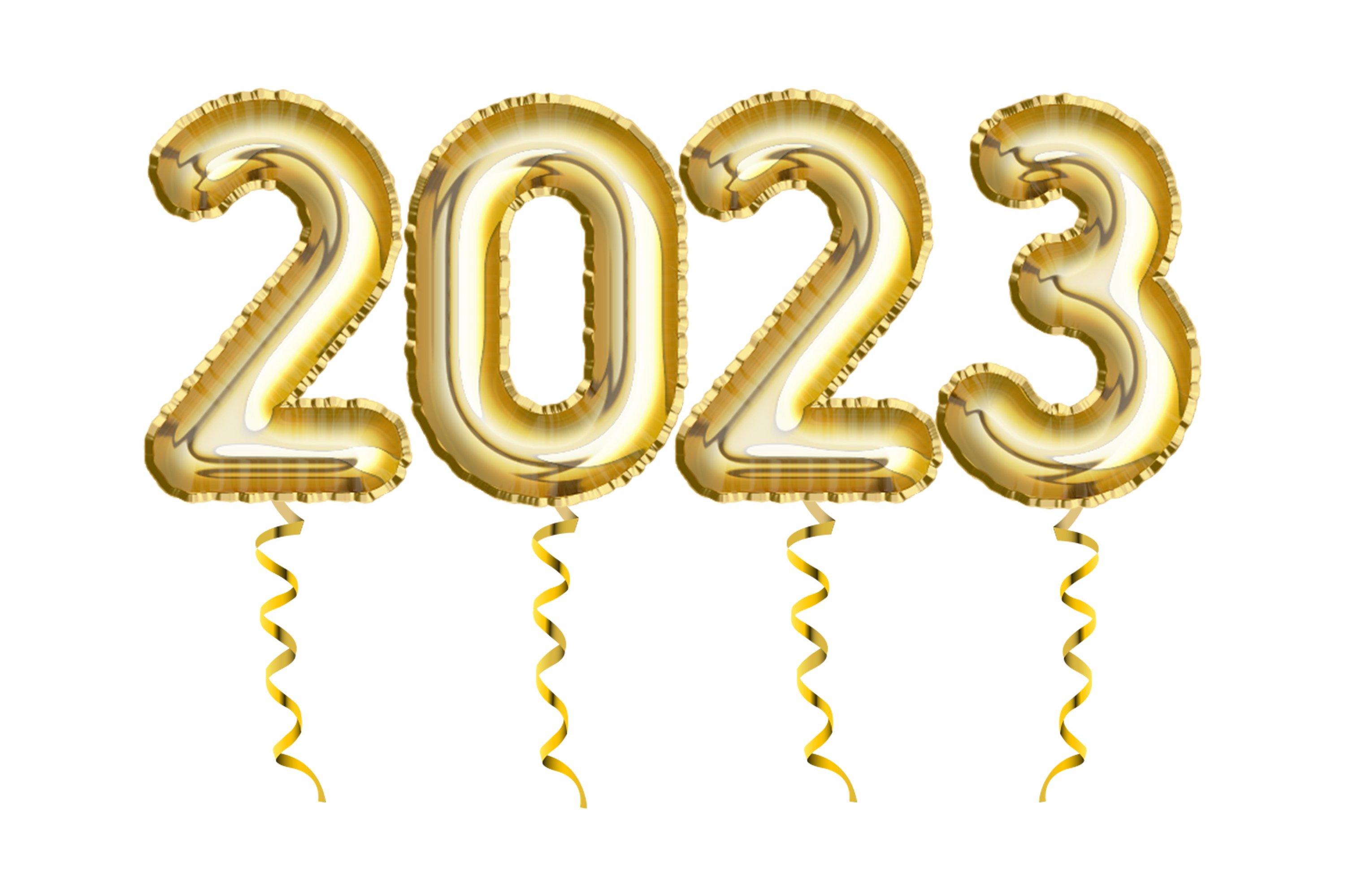 2023, Golden Inflatable Balloons with Ribbons
