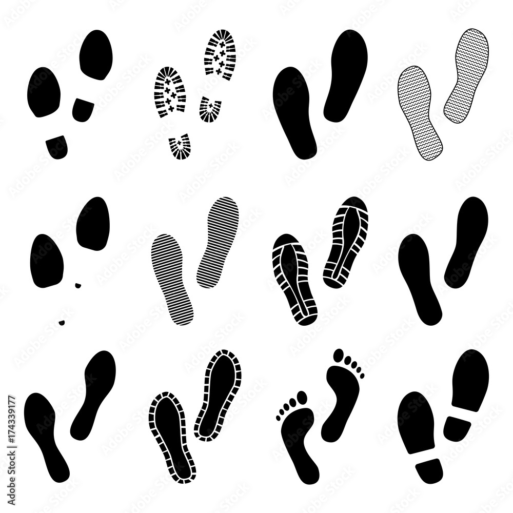 Footsteps. Footprints. Shoe and bare foot print. Shoes imprints ...