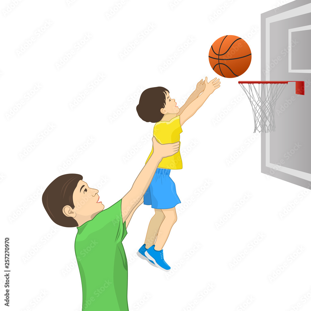 Dad and his son playing basketball cartoon character. Dad holding ...
