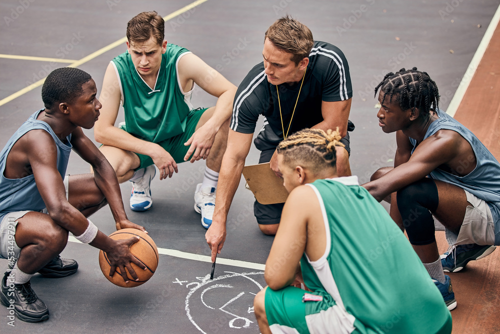 Basketball, team and sport teamwork coach match planning a fitness ...