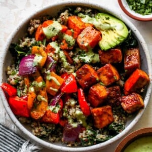 Sheet Pan BBQ Tofu Bowls with Jalapeño Ranch - Dishing Out Health