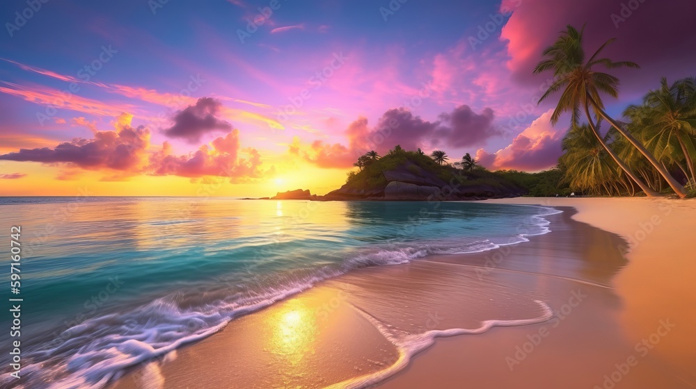 Poster, Wandbilder A stunningly realistic beach scene in 4K Ultra HD, with  crystal clear turquoise, 40x22.2 cm