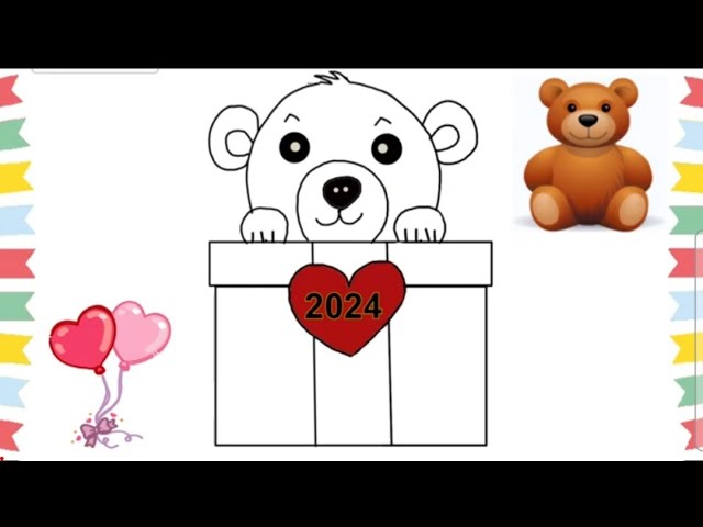 How to draw a cute teddy bear holding gift | New year 2024 drawing and  coloring