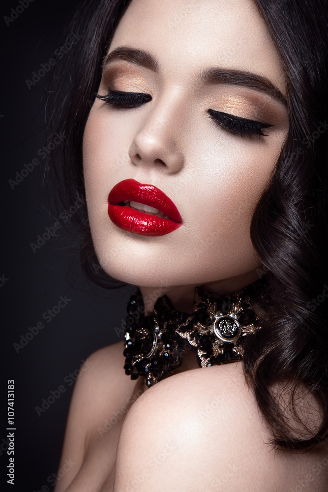 Beautiful woman portrait. Young lady posing close up on black ...