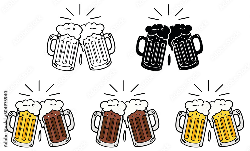 Beer Stein Mugs Cheers Clipart Set - Outline, Silhouette and Color ...