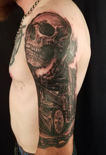 big rig and skull half sleeve by Mike Christie: TattooNOW