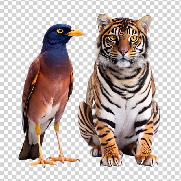 A tiger and a bird standing together on transparent background ...