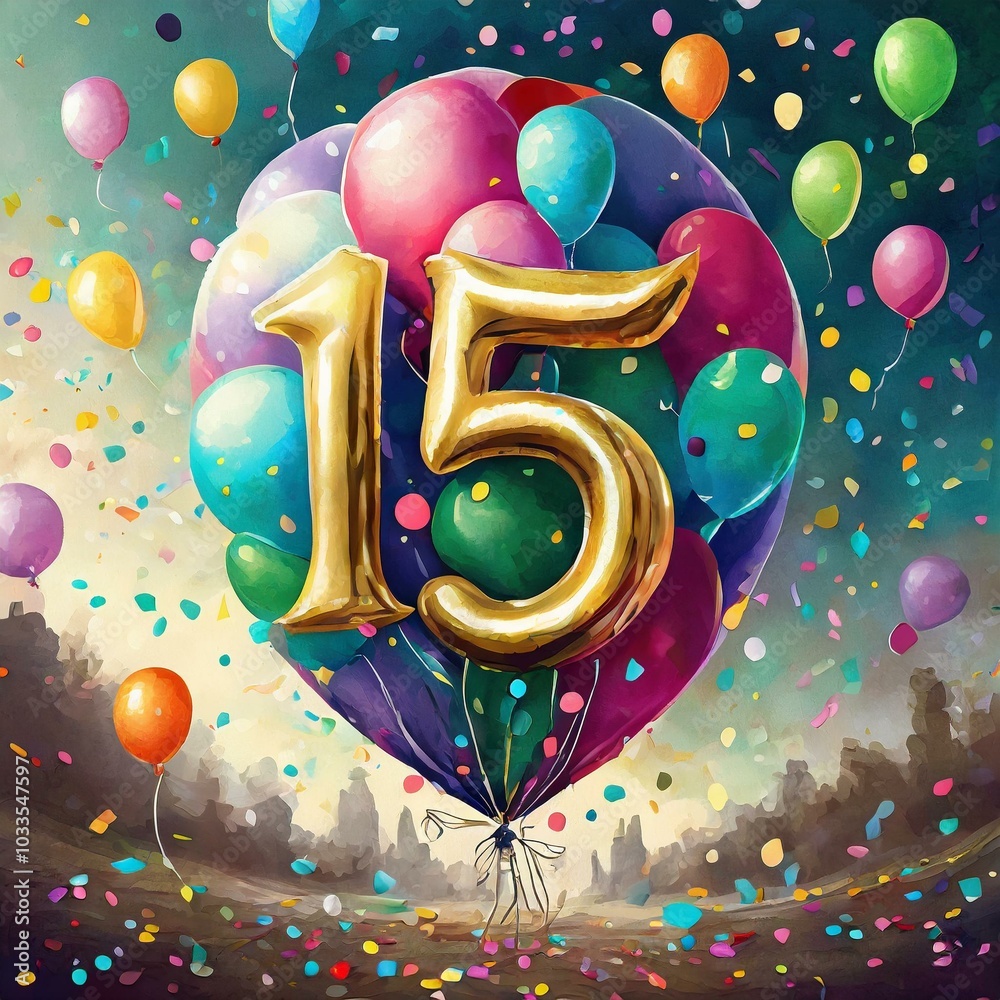 Poster, Wandbilder Balloon number 15, illustration for birthday or  anniversary celebration, digital, 40x40 cm