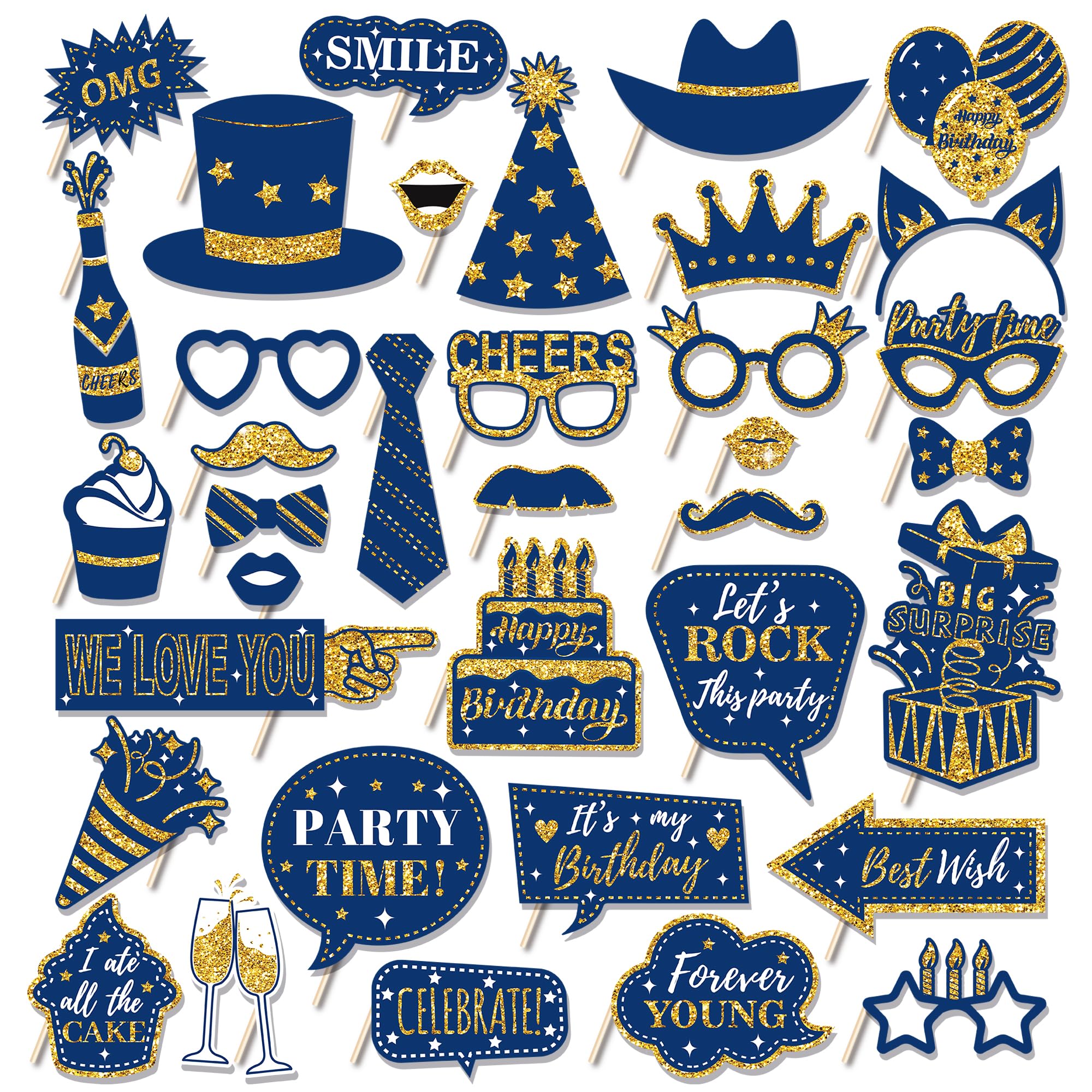 Amazon.com: 30 Pcs Birthday Photo Booth Props Black, Blue Birthday ...