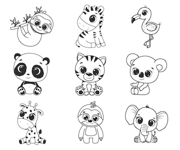 black and white cartoon animals