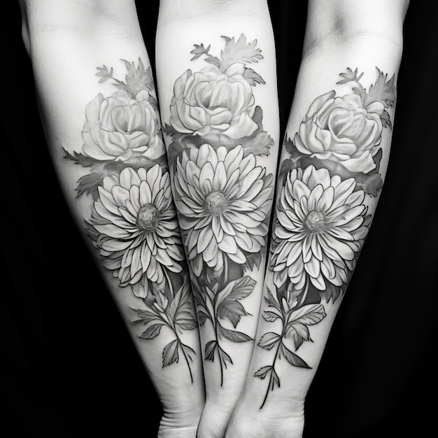black and white floral tattoo
