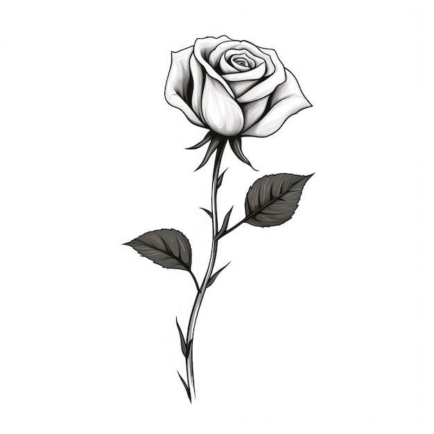Minimalistic White Rose Drawing With Stylized Black Leaves ...