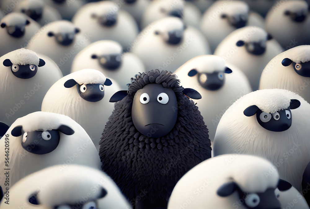 Poster, Wandbilder Cute black sheep among a flock of white sheep in farm,  40x26.7 cm