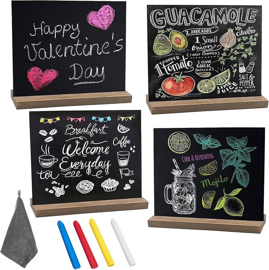 LAINIKE Pack of 4 Small Blackboards for Labelling, with 4 Pens and Cleaning  Cloth, Mini Chalkboard, Buffet Signs, Slate Board for Writing on for Bar,  ...